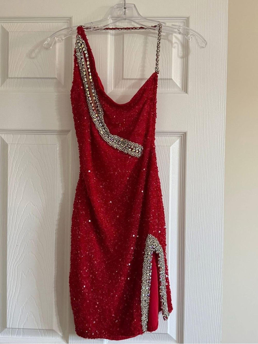 Red One-Shoulder Embellished Cocktail Dress